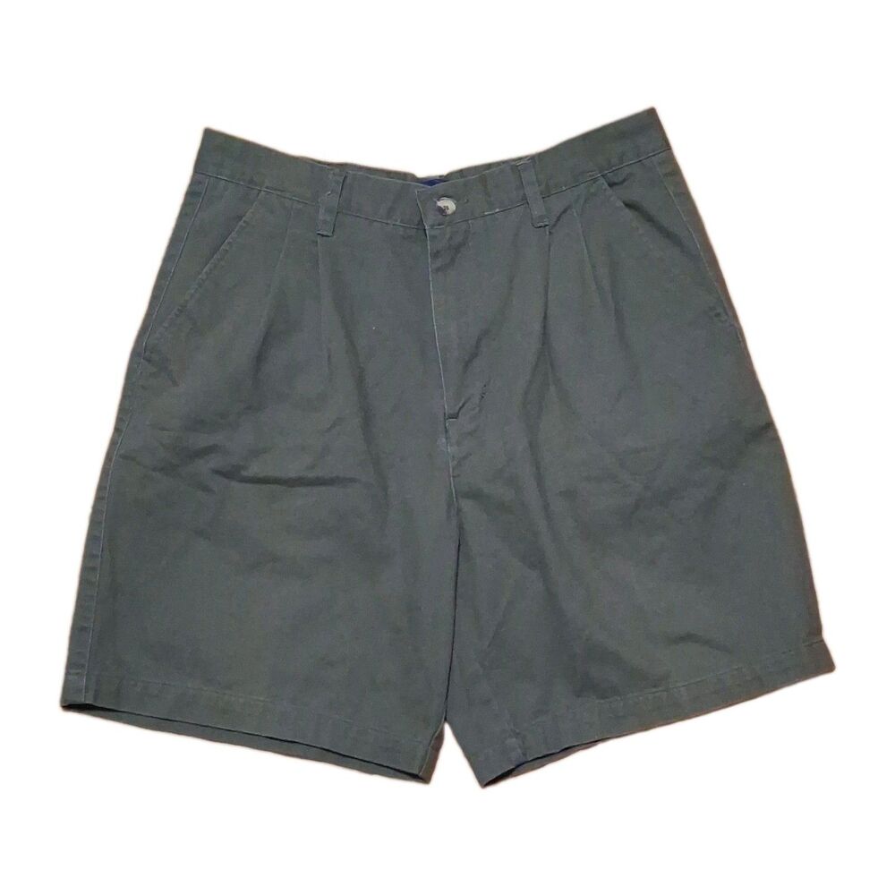 Basic Editions Mens Pleated Chino Shorts 34 Olive Green Cotton Casual Twill Walk